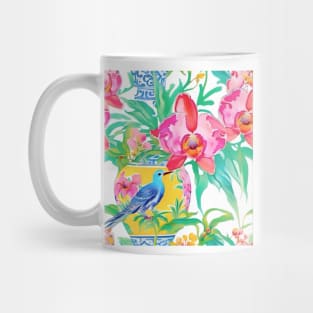 Preppy orchids in yellow chinoiserie jar Mug